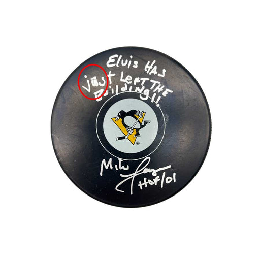 Mike Lange Autographed Logo Puck With "Elvis Has Just Left The Building" (DAMAGED)