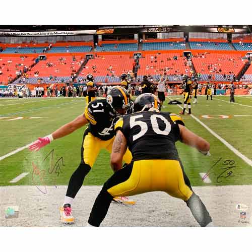 James Farrior and Larry Foote Dual Autographed Low 5 on Sidelines 16x20 Photo