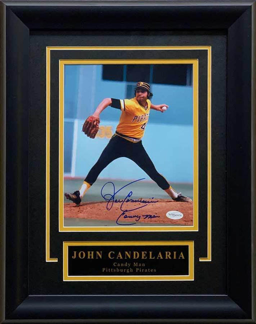John Candelaria Signed Pitching (Gold and Black Uniform) 8x10 Photo Inscribed 'CANDY MAN' - Professionally Framed