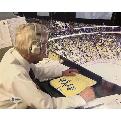 Mike Lange Autographed Color In Booth 8X10 Photo with "HOF 01"