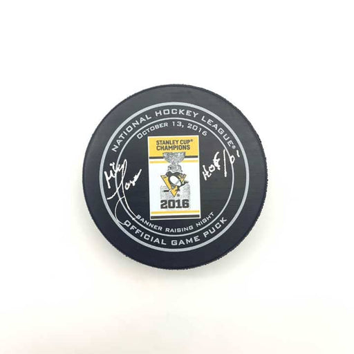 Mike Lange Autographed Pittsburgh Penguins 2016 Banner Raising Game Model Puck with HOF 01