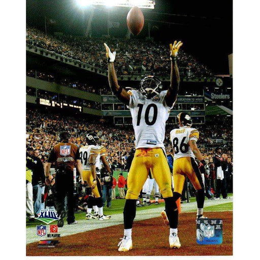Santonio Holmes In Sb43 Throwing Ball In Air In White Unsigned 8X10 Photo