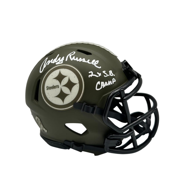 Andy Russell Signed Pittsburgh Steelers 2022 Salute to Service Speed Mini Helmet with 2X SB Champs