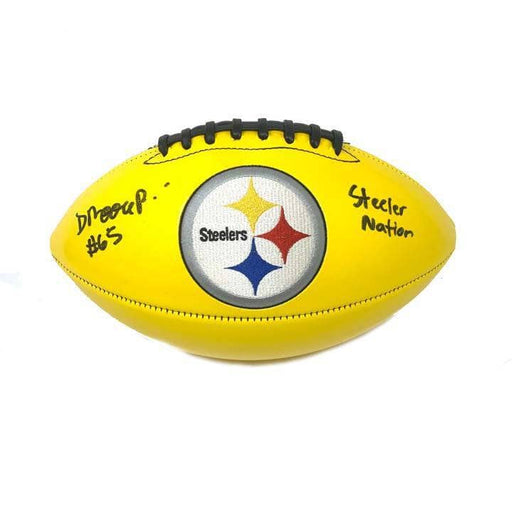 Dan Moore Jr Signed Pittsburgh Steelers Gold Logo Football with "Steeler Nation" - DAMAGED