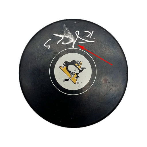Evgeni Malkin Autographed Penguins Logo Puck (DAMAGED)