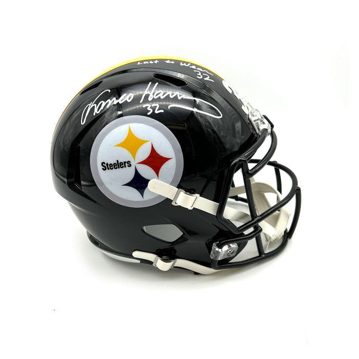 Franco Harris Autographed Pittsburgh Steelers Black Replica Speed Helmet with "Last to Wear 32" - DAMAGED