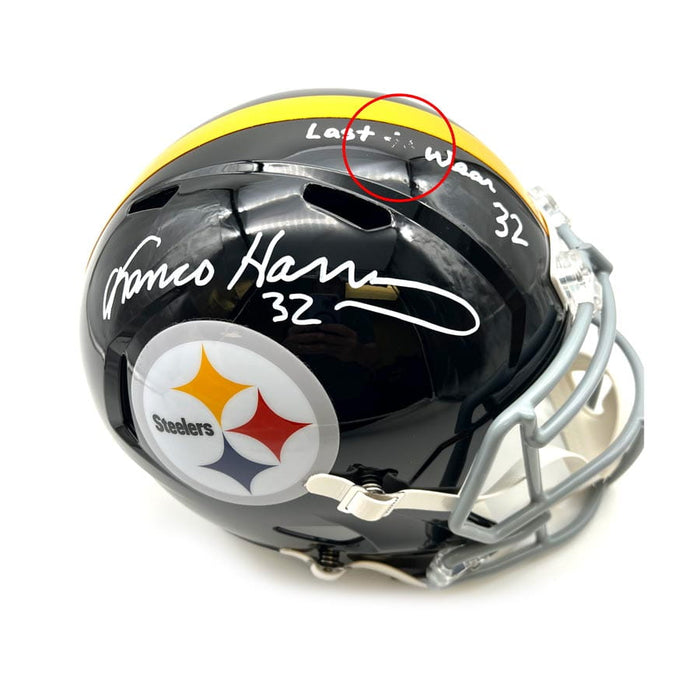 Franco Harris Autographed Pittsburgh Steelers Black Replica Speed Helmet with "Last to Wear 32" - DAMAGED