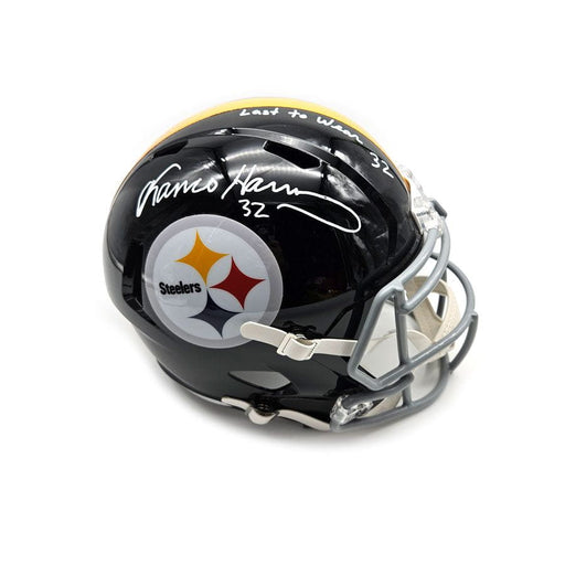 Franco Harris Autographed Pittsburgh Steelers Black Replica Speed Helmet with "Last to Wear 32" - DAMAGED