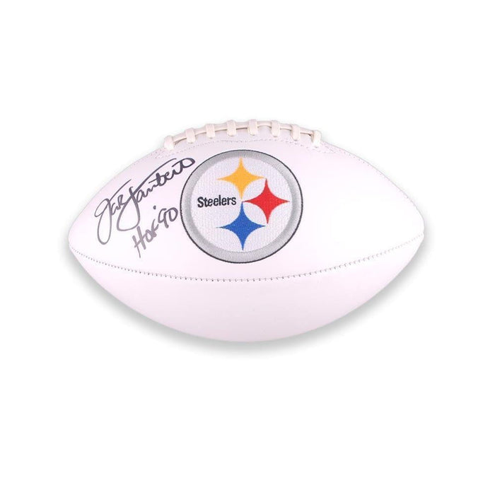 Jack Lambert Autographed Pittsburgh Steelers White Logo Football with HOF 90 - DAMAGED