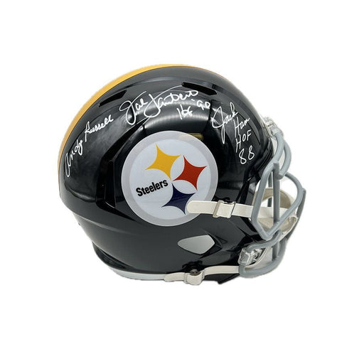 Jack Lambert, Jack Ham, Andy Russell Signed Pittsburgh Steelers Full Size Replica Speed TB Helmet