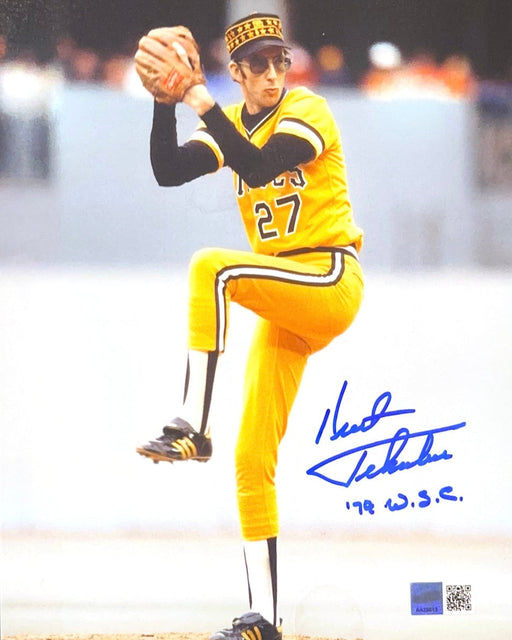 Kent Tekulve Signed Pitching in Yellow 8X10 Photo with '79 W.S.C.