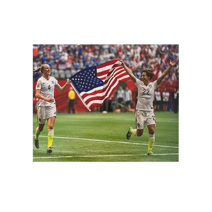 Meghan Klingenberg and Becky Sauerbrunn Running with US Flag Unsigned 16x20 Photo