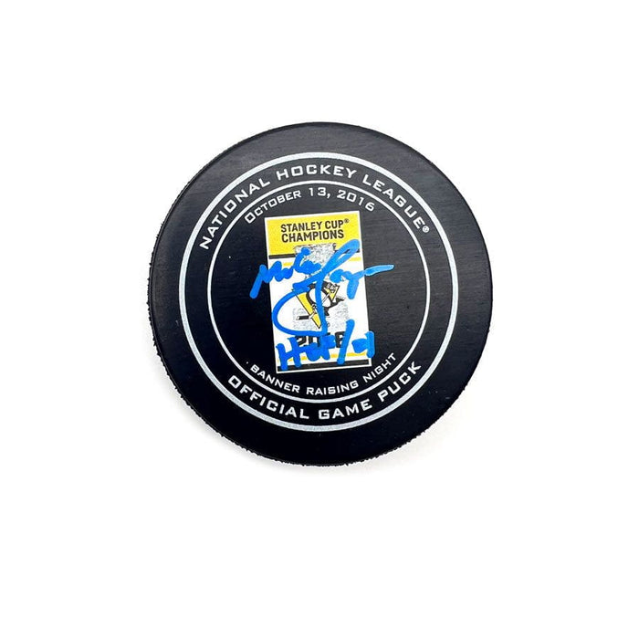 Mike Lange Autographed Pittsburgh Penguins 2016 Banner Raising Game Model Puck with HOF 01 Blue