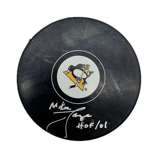 Mike Lange Signed Pittsburgh Penguins Logo Puck with HOF 01 - DAMAGED