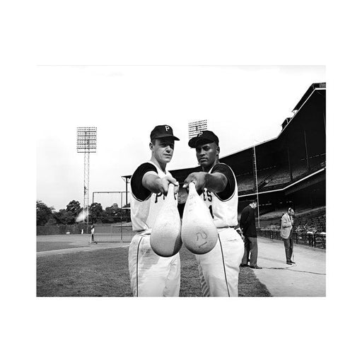 Pre-Sale: Bill Mazeroski Signed Holding Bats with Roberto Clemente Photo