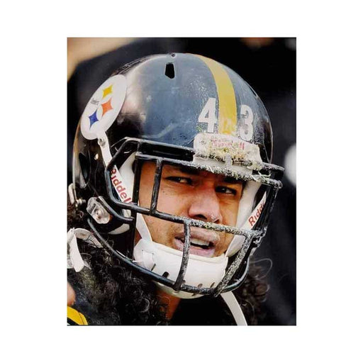 Pre-Sale: Troy Polamalu Signed Dirty Facemask Photo