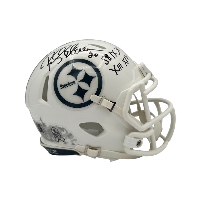 Rocky Bleier Signed Pittsburgh Steelers 2024 Salute to Service Mini Helmet with "SB IX X XIII XIV"