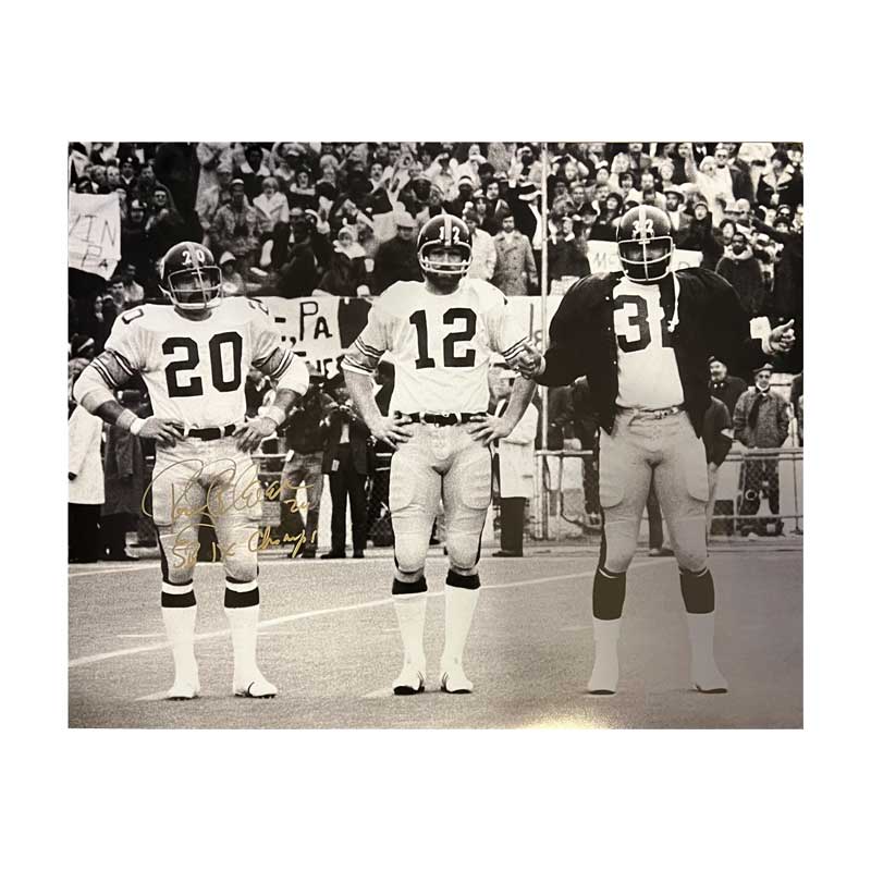 Rocky Bleier Signed Posing with Terry Bradshaw and Franco Harris 16x20  Photo with 4X SB Champs