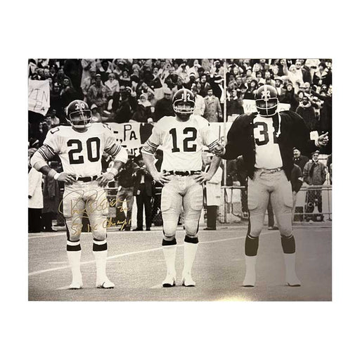 Rocky Bleier Signed Posing with Terry Bradshaw and Franco Harris 16x20 Photo with "SB IX Champs"