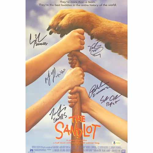 The Sandlot Cast Signed Hands and Paws on Bat 30x40 Vertical Movie Poster