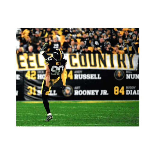 TJ Watt Leg Kick with Steelers Country Unsigned 8x10 Color Photo
