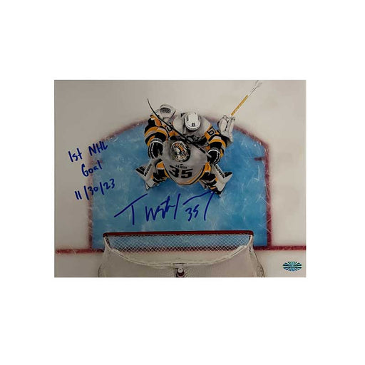 Tristan Jarry Signed Celebrating with Karlsson 8x10 Photo with "1st NHL Goal 11/30/23"