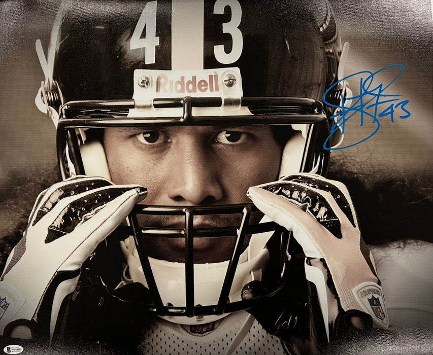 Troy Polamalu Signed Grabbing Mask 16x20 Canvas