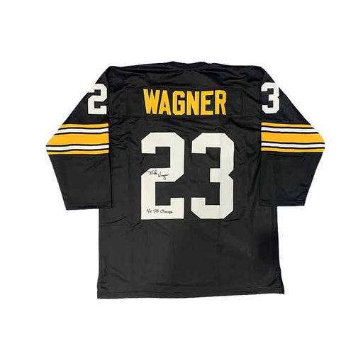 Mike Wagner Signed Custom 3/4 Sleeve Black Football Jersey With 4X SB Champs