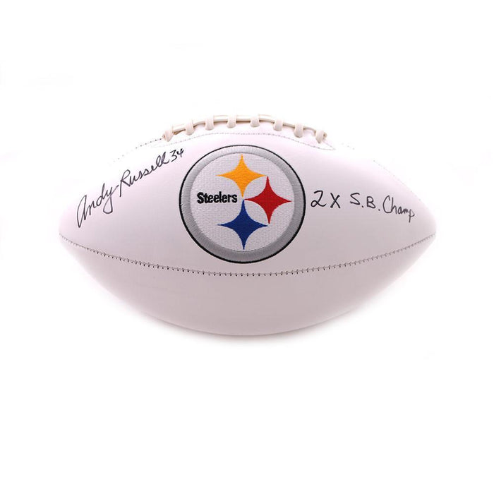 Andy Russell Autographed Pittsburgh Steelers White Logo Football with 2X SB Champs