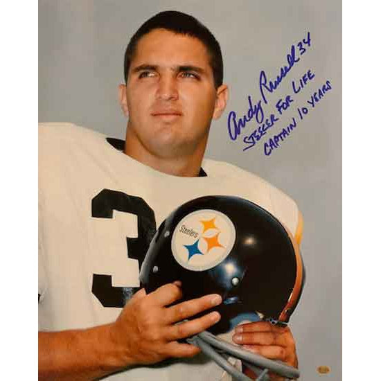 Andy Russell Signed Close-Up 16X20 Photo With Steelers For Life And Captain 10 Years