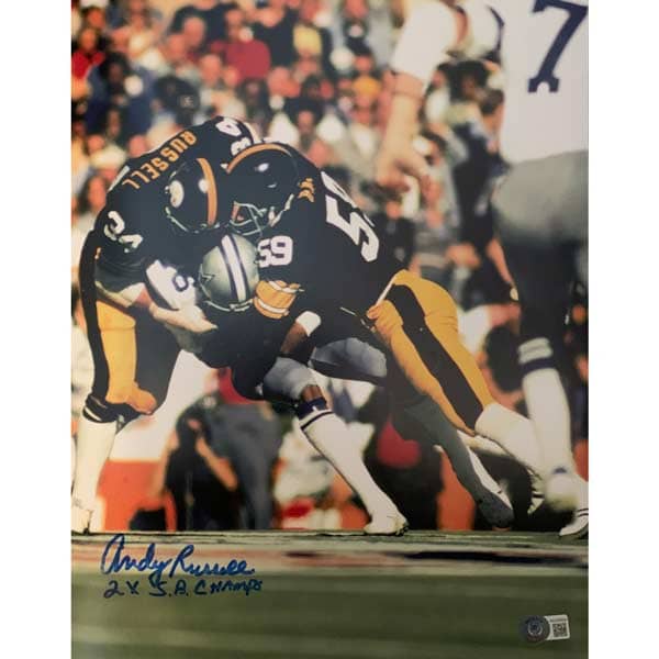 Andy Russell Signed Tackling Raiders 11X14 Photo with 2X SB Champs