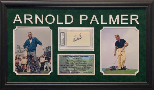 Arnold Palmer Cut Signature Beckett Slabbed with 2 8X10 Photos (Yellow Pants Right) And Stat Display - Professionally Framed