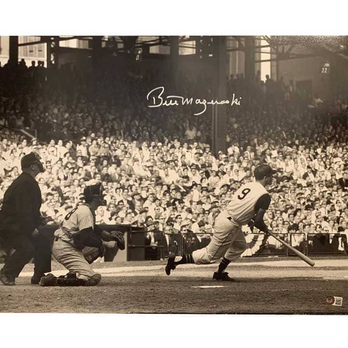 Bill Mazeroski Autographed 1960 World Series Bat Down B&W 16X20 Photo White