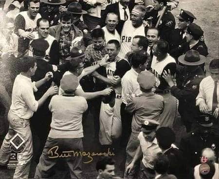 Bill Mazeroski Autographed 1960 World Series Mobbed At Homeplate 16X20 Photo (1960 Ws Licensed Photo)