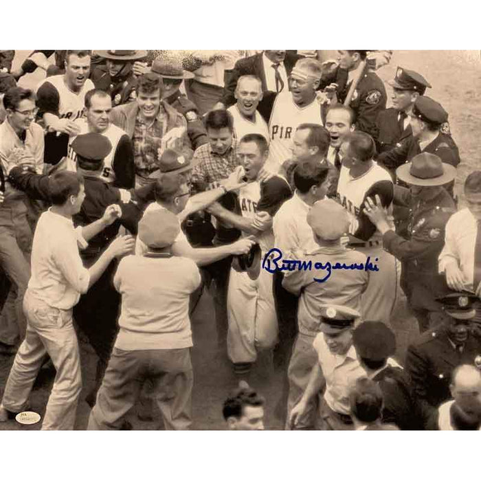 Bill Mazeroski Autographed 1960 World Series Mobbed at Homeplate 16x20 Photo (Blue Ink)