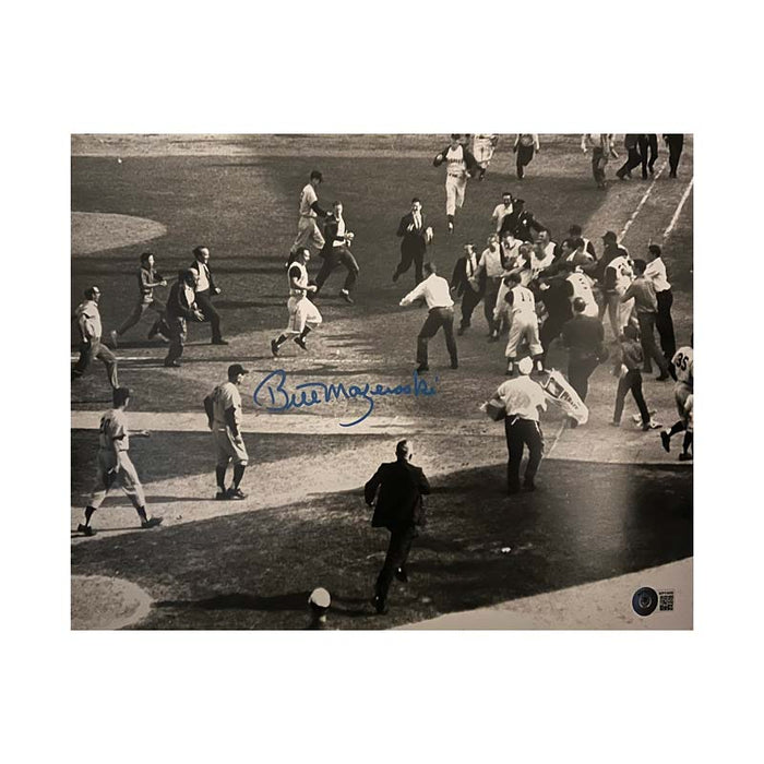 Bill Mazeroski Autographed Mobbed at Home Plate Far View 16x20 Photo Blue