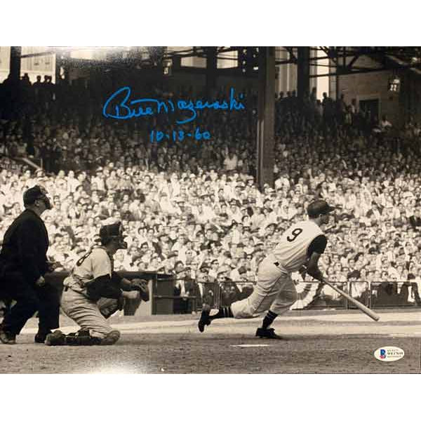 Bill Mazeroski Signed 1960 World Series Bat Down B&W 16X20 Photo Inscribed 10-13-60