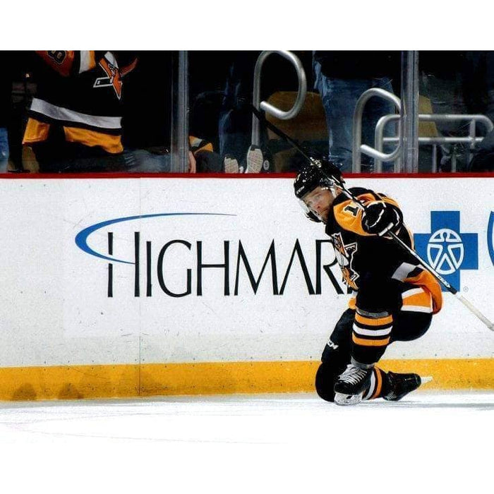 Bryan Rust On One Knee In Black Celebrating Unsigned 11x14 Photo