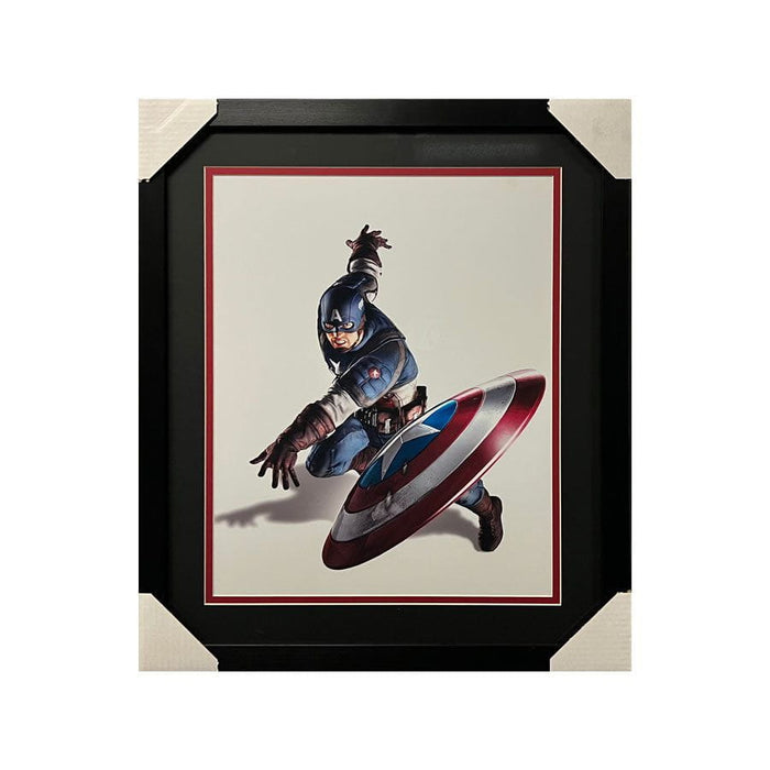 Captain America Throwing Shield Unsigned 16x20 Photo - Professionally Framed Black Matte with Blue Matte