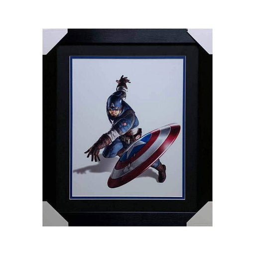 Captain America Throwing Shield Unsigned 16x20 Photo - Professionally Framed Black Matte with Blue Matte