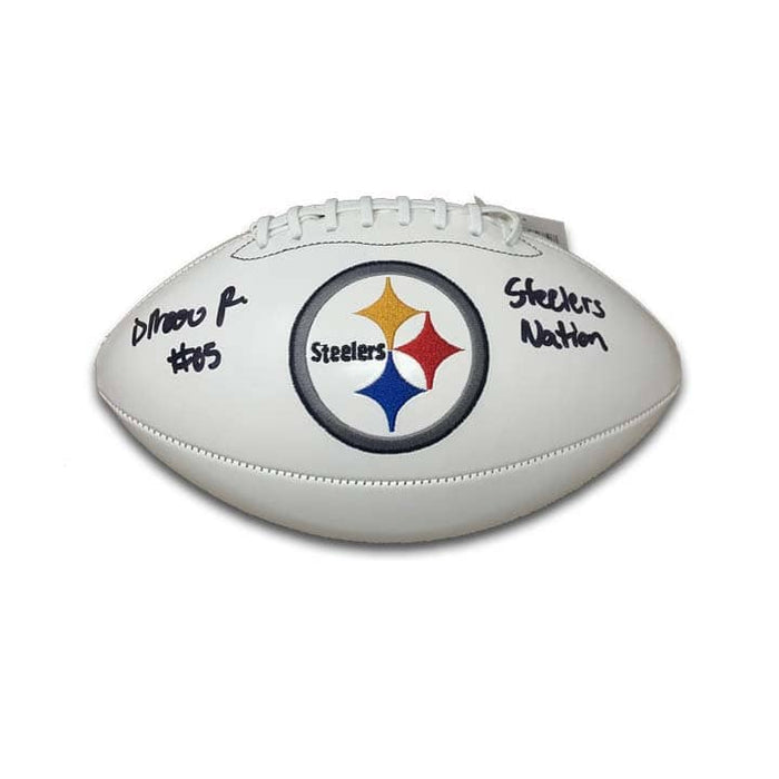 Dan Moore Jr Signed Pittsburgh Steelers White Logo Football with "Steeler Nation"