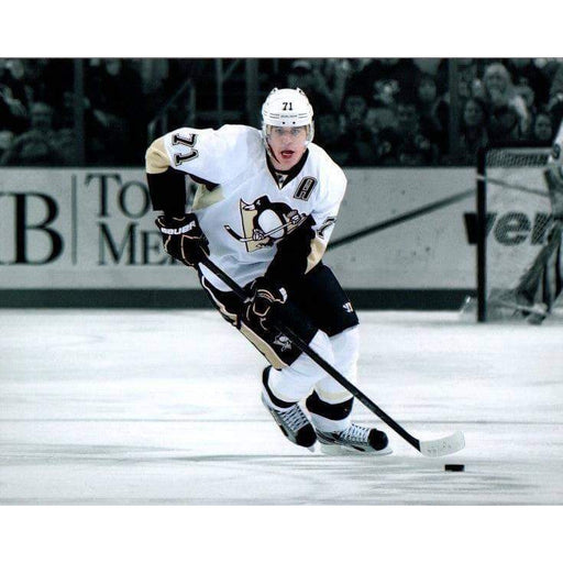 Evgeni Malkin Skating In White With Puck Spotlight Unsigned 8X10 Photo