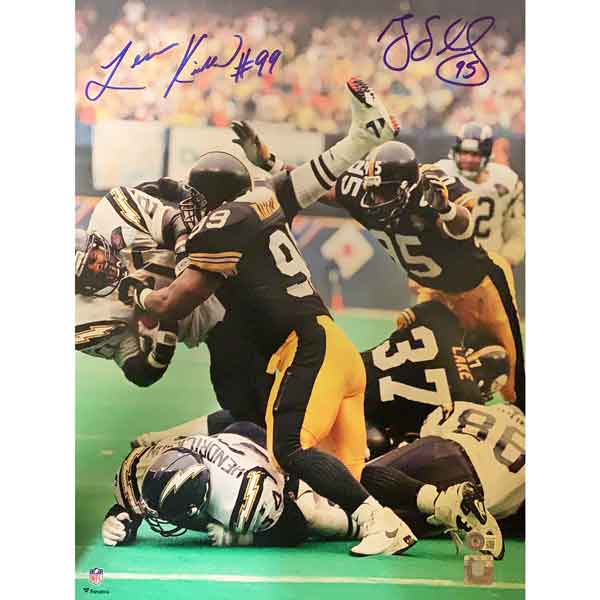 Greg Lloyd and Levon Kirkland Dual Signed Tackling Chargers 16X20 Photo