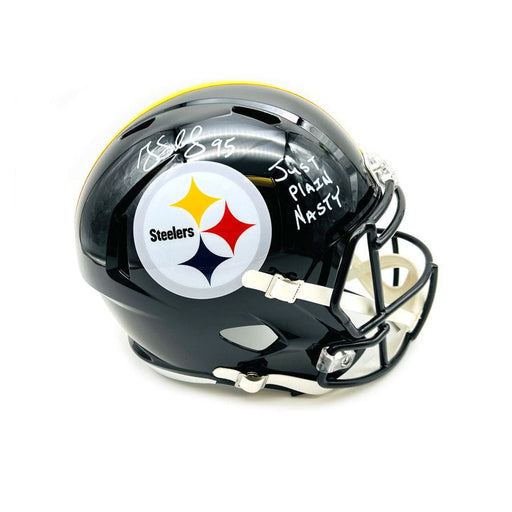 Greg Lloyd Autographed Black Pittsburgh Steelers Full Sized Speed Helmet with "Just Plain Nasty"