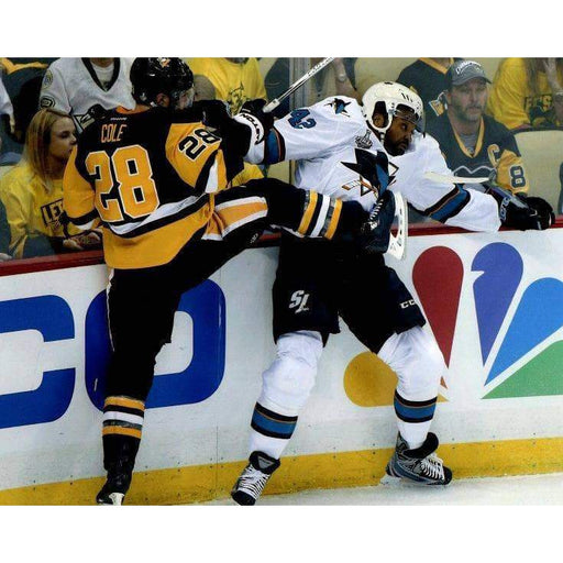 Ian Cole In Black Hitting Sharks Unsigned 8X10 Photo