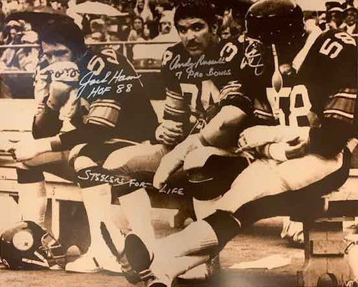 Jack Ham And Andy Russell Signed Sitting On Bench With Jack Lambert 16X20 Photo with "Steelers for Life"