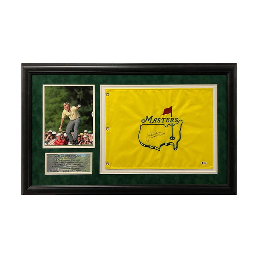 Jack Nicklaus Signed Masters Flag (with Masters Dates) with Early 8x10 Photo, STATS Card - Professionally Framed