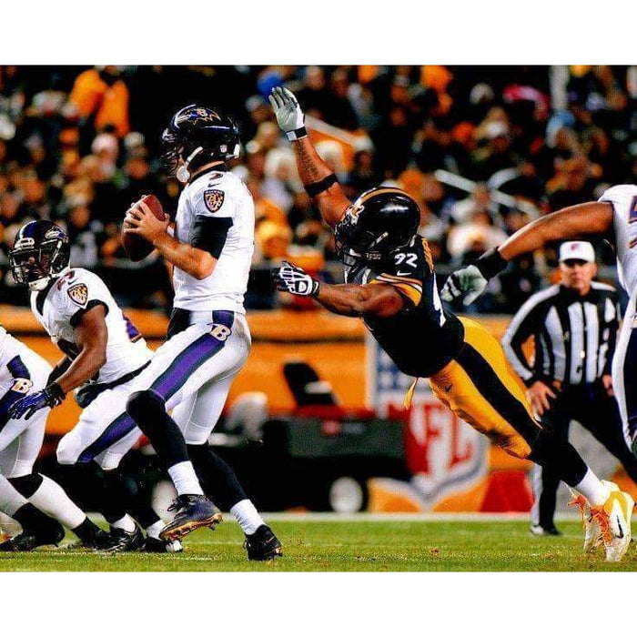James Harrison Diving At Flacco Unsigned 16X20 Photo