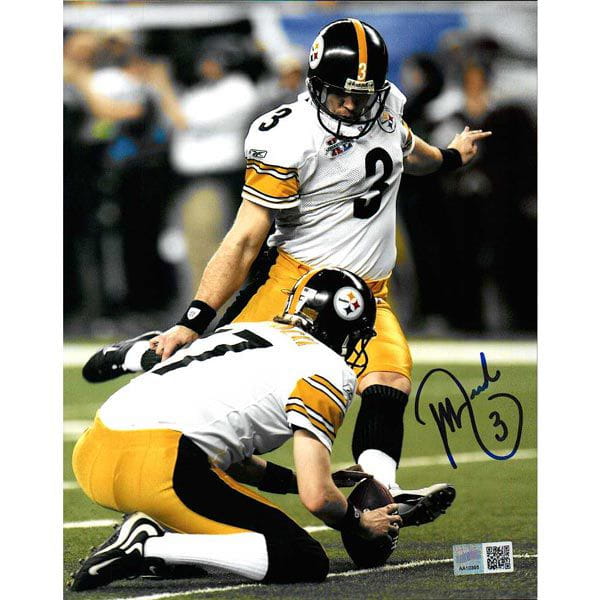 Jeff Reed Signed Kicking Field Goal in SBXL (White Jersey) 8x10 Photo
