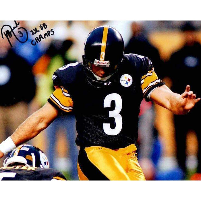 Jeff Reed Signed Kicking In Black Close-Up 8X10 Photo With "2X Sb Champs"